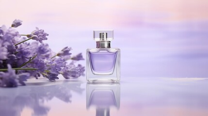 Elegant perfume bottle placed on a pastel lavender surface with flower accents for beauty and fragrance product display