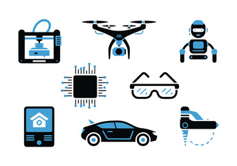 Futuristic Technology Icons - Vector Set Featuring Drones, 3D Printers, and Smart Devices