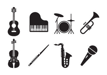 Music Instruments Icons - Vector Set Featuring Guitar, Piano, Drums, and More