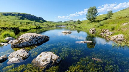 Fototapeta premium Tranquil river landscape serene nature scene with lush greenery and calm water