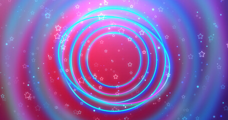 Joyful advertisement rings technology laser bg. Futuristic trending neon circles with blur moving stars shimmering falling backdrop. Rays with lights colorful rainbow beam. Dynamic geometric bg.