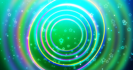 Joyful advertisement rings technology laser bg. Futuristic trending neon circles with blur moving stars shimmering falling backdrop. Rays with lights colorful rainbow beam. Dynamic geometric bg.