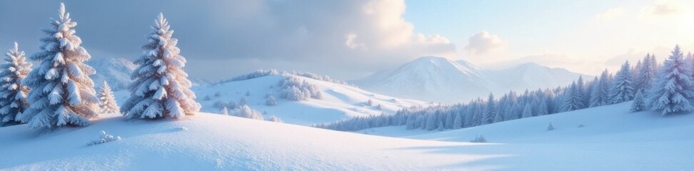 Fototapeta premium Frosty landscape with snow-covered trees and hills, cold weather, snowy, frost