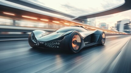 A futuristic vehicle driving at high speed on a highway