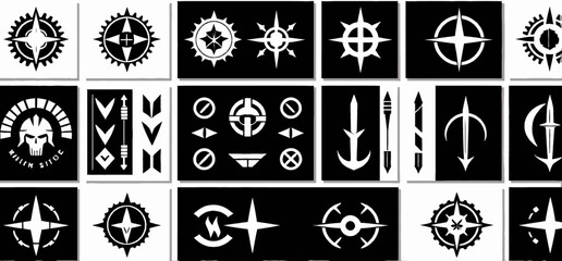 Collection of Black and White Logos Designs_Abstract Symbol Set_Tribal Inspired Graphics_Geometric Shapes and Iconography_Modern Vector Art_Design Elements