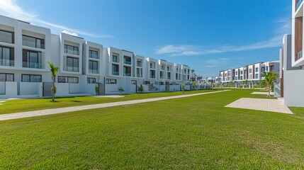 Luxury townhouses with lawn: modern residential complex contemporary architecture and beautiful landscaping creating serene living spaces real estate investment for families