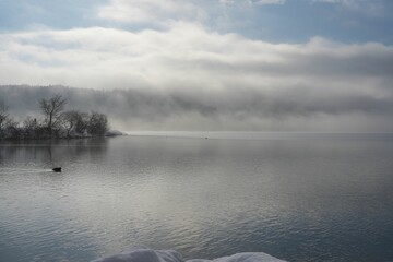 霧が晴れ始めた冬の余呉湖