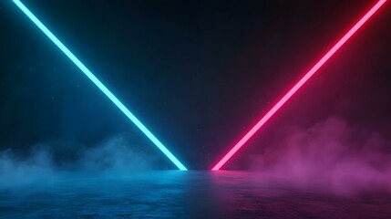 The image contains two bright neon lines, one cyan and one pink, intersecting at a point on a dark, smoky surface.