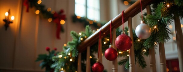 Garlands of festive Christmas ornaments hanging from a staircase rail ,  home decor,  christmas tree alternatives,  holiday decor