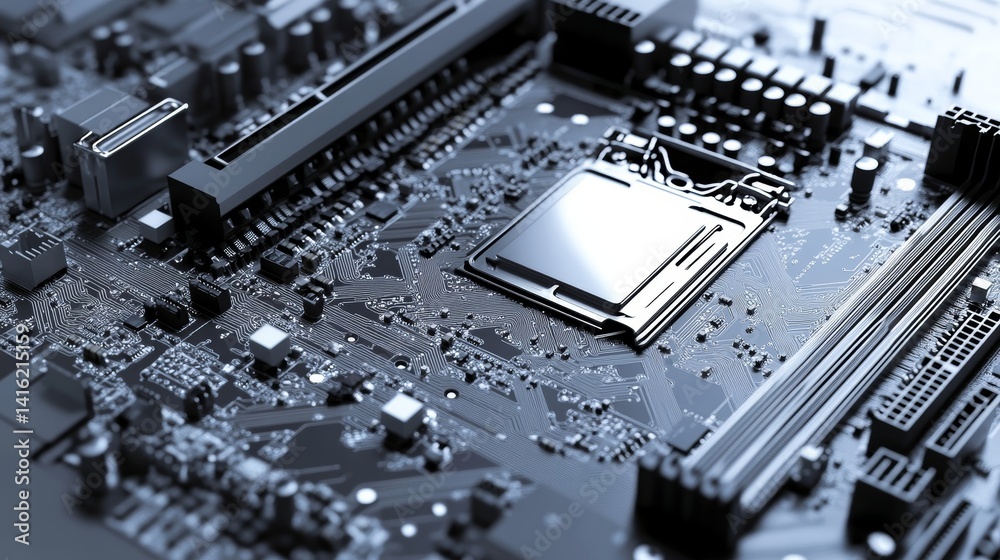 Poster modern chrome motherboard close up reflecting technology circuits and electronic components high tec