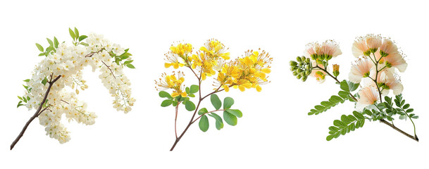 Acacia flowers, close up, isolated in white background