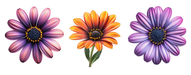 African daisy flowers, different variations, close up, isolated in white background