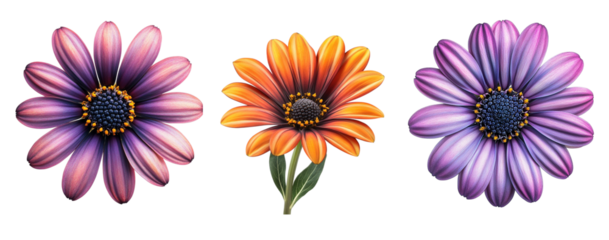 African daisy flowers, different variations, close up, isolated in white background