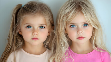 Adorable blonde girls portrait childhood innocence family togetherness siblings
