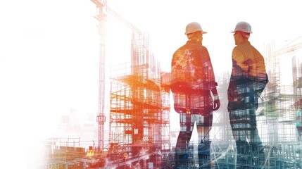 two civil engineers discuss an architectural plan, in a double exposure with a large construction site, in front of a solid white background, creative colors
