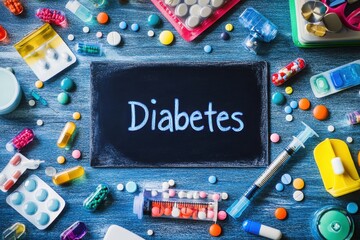 Diabetes written on chalkboard with pills and syringe