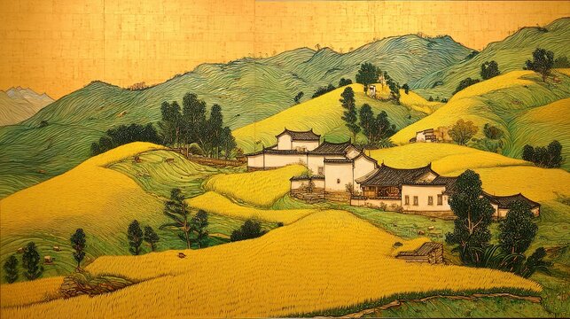 Golden hills of a serene asian village.