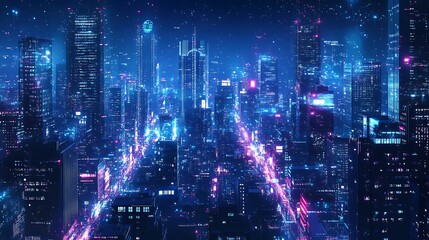 Fototapeta premium Futuristic Cityscape with Glowing Blue Lights