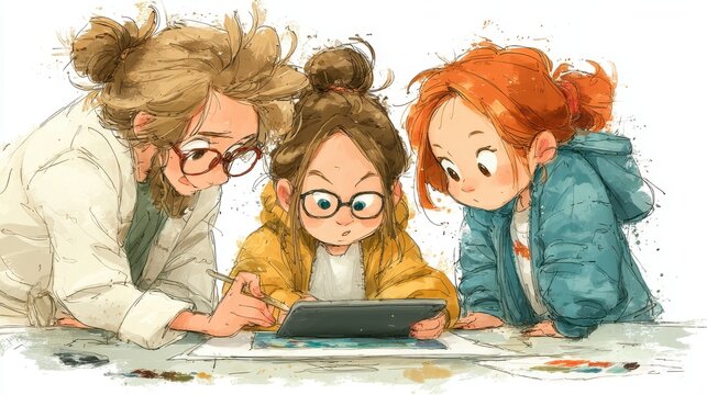 a elementary students working on digital tablet with the help of the teacher ,hand drawing cartoon 2d,funny,issolated on white background,photo stock