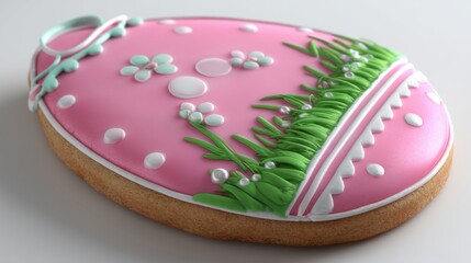 Pink Easter Egg Cookie: Icing Flowers, Green Grass, and Delicate Detailing.