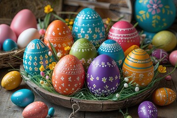Fototapeta premium Vibrant and Handcrafted Easter Eggs in Various Colours for Holiday Decor