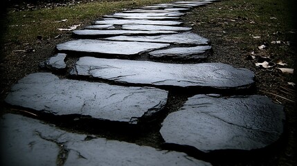 Dark, wet stone path winding through grass