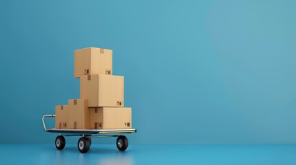 4 cardboard boxes on hand truck with blue background copy space, 3d style
