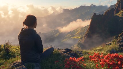 Obraz premium A peaceful evening spent watching a stunning sunset over a tranquil landscape in the mountains