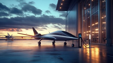 Futuristic electric aircraft charging near modern hangar at sunset ambiance