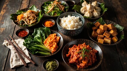 Asian fusion platter with rice, tofu, dumplings and vegetables