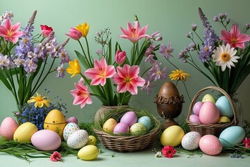 Alluring Easter Setup with Fragrant Flowers and Festive Eggs on Pastel Green Background