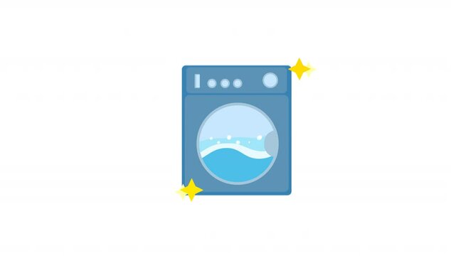 animated icon showing a blue washing machine or laundry appliance with water and bubbles visible inside a circular door window, gold coins visible above, and decorative glitter elements.