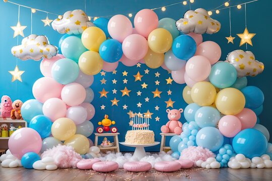 Pastel Balloon Arch Decoration with Fluffy Clouds Twinkling Stars and Large Toys for a Magical Kids Birthday Party