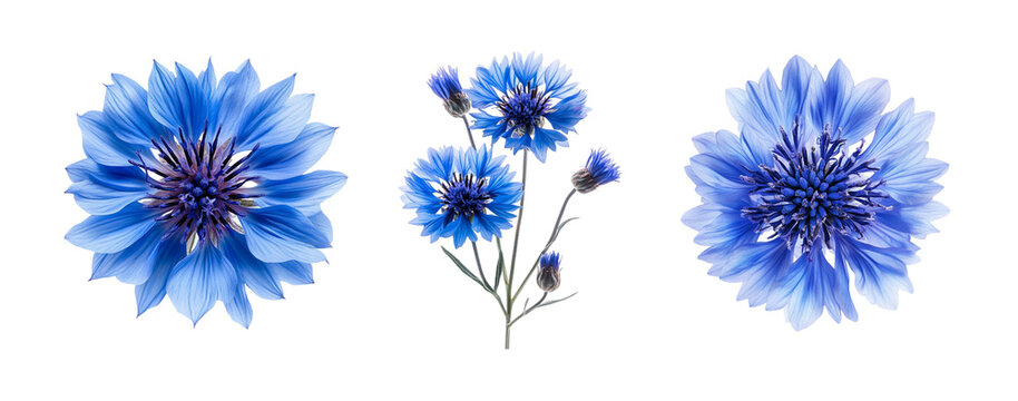 Blue cornflowers, close up, isolated in white background