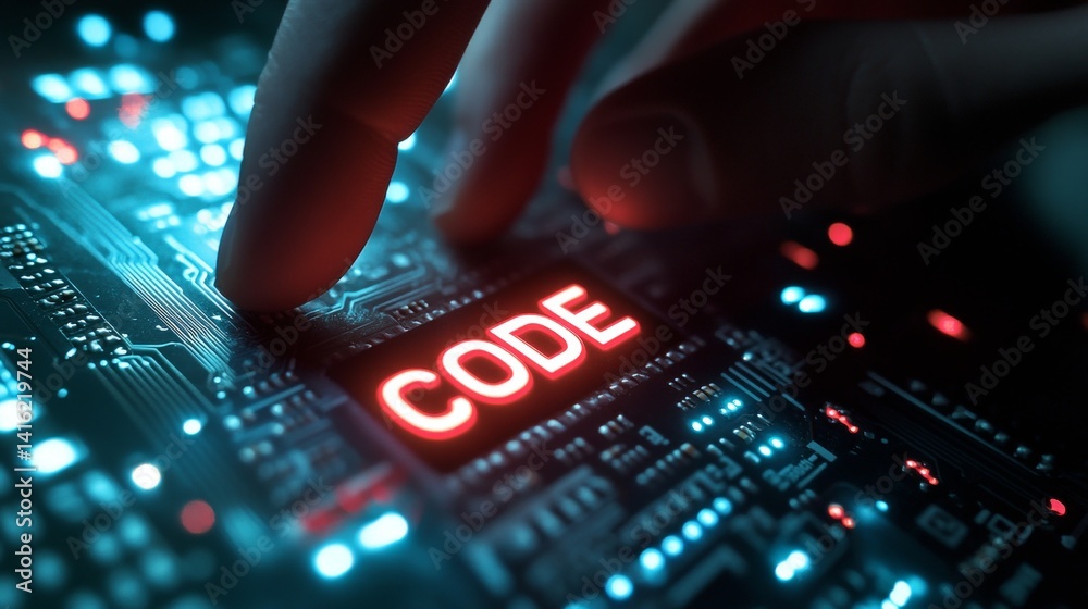 Poster Coding concept: finger touching illuminated circuit board with code text on electronic background 