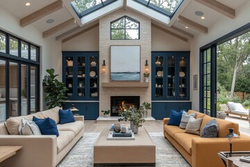 Fototapeta premium Bright and airy coastal modern farmhouse living room with Lawsone blue built-in cabinets, white oak flooring, large fireplace, vaulted ceilings, and open concept floor plan.