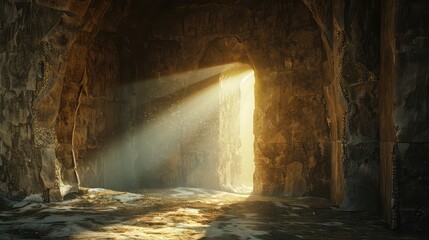 An artistic rendering of the empty tomb with beams of light shining through the opening, depicting the resurrection of Jesus Christ.
