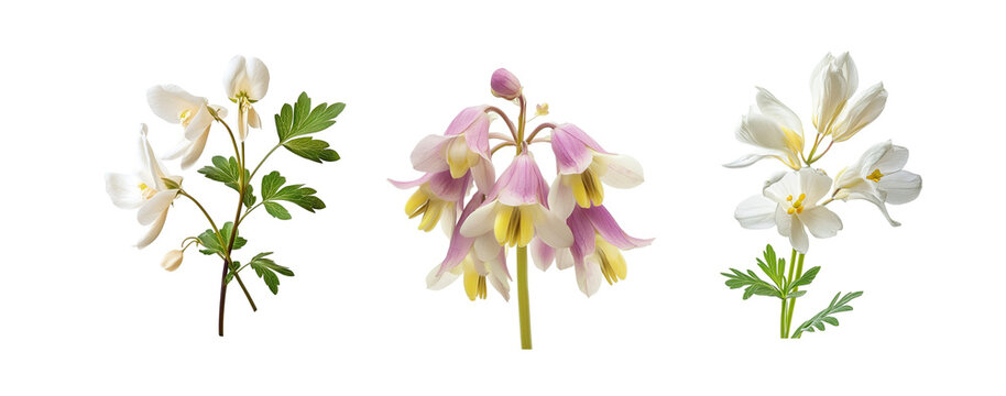 Variations of Dutchman's breeches flowers, close up, isolated in white background