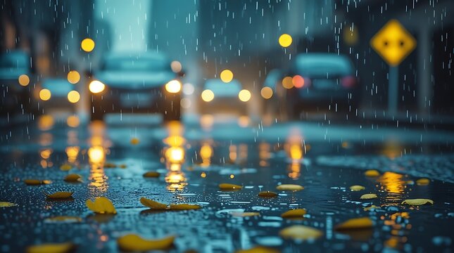 City street soaked in rain with scattered yellow leaves and glowing car headlights, creating a moody and cinematic urban scene full of depth and emotion at twilight.
