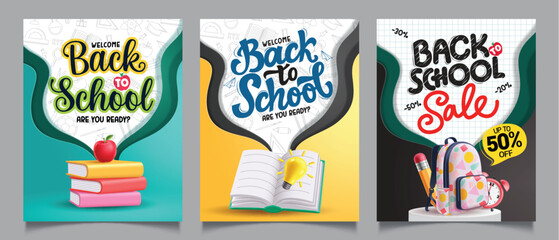 Back to school welcome greeting clipart poster set. School sale and greeting clip art collection with books and podium elements for educational banner vector illustration. 
