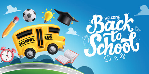 Back to school welcome greeting clipart banner. School bus and educational elements for education road trip clip art template in blue sky background vector illustration.   © AmazeinDesign