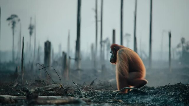 Orangutan Sitting in Deforested Area Environmental Destruction Landscape