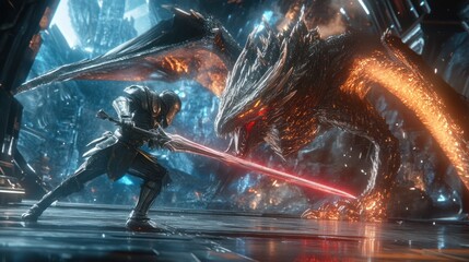 Epic fantasy battle: Knight with energy blade confronting a fierce dragon
