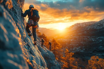 Obraz premium Mountain Climbing Adventure at Sunset in the Rockies Outdoor Sports Photography Dramatic Landscape View