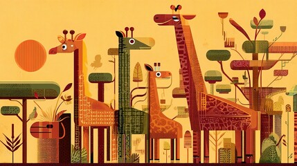 Colorful giraffe family in an illustrated African savanna landscape.