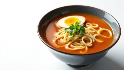 Close-up of ramen bowl with broth and noodles on white background, bowl, food