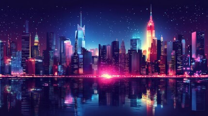 Futuristic metropolis reflection at dusk, vibrant city skyline with water