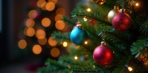 Luxurious Christmas tree with colorful baubles and twinkling lights , winter wonderland, festive