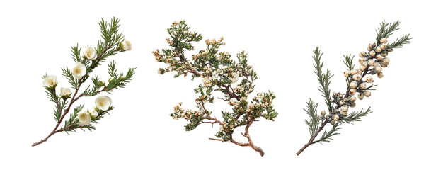 Juniper flowers collection, sprigs close up, isolated on white background