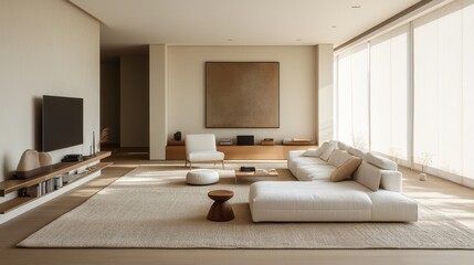 Modern minimalist living room with natural light and elegant decor